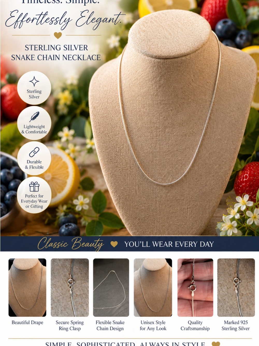 Sleek Sterling Silver Snake Chain Necklace - Picture 1 of 14
